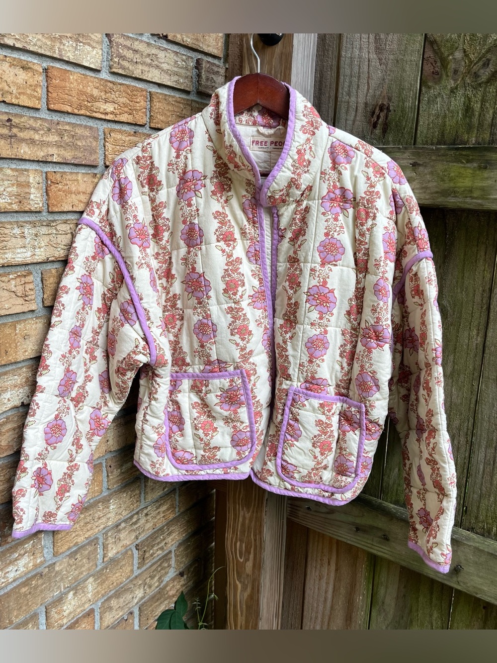 Free People Chloe Quilted Floral Jacket in Cream and Purple Trim